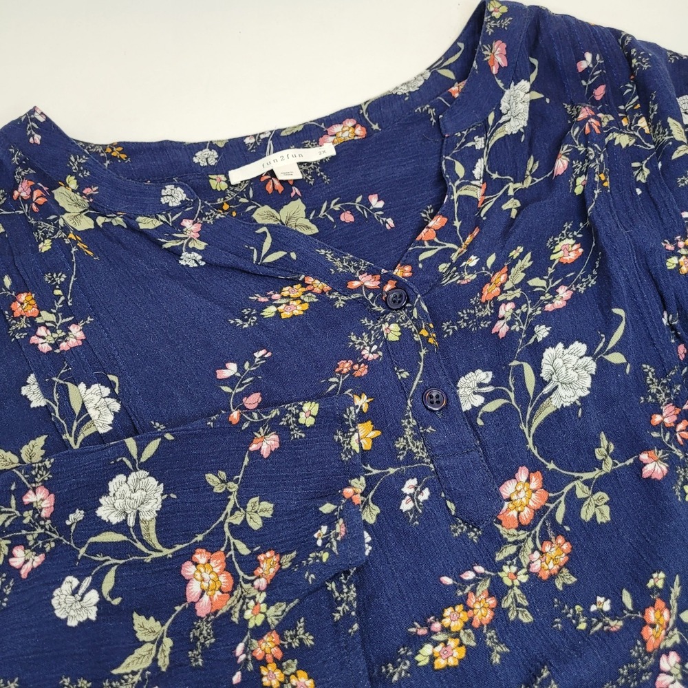 Fun 2 Fun Blouse W 2X Floral‎ Relaxed Blue Pink Boho Casual Comfort Career